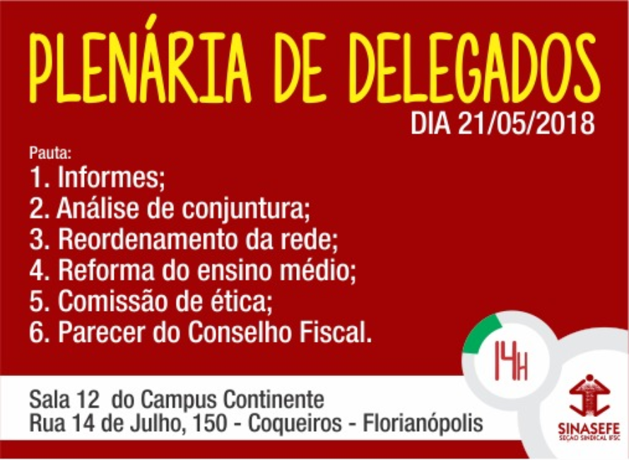 Primeira Plenária de Delegados de 2018 acontece no próximo dia 21