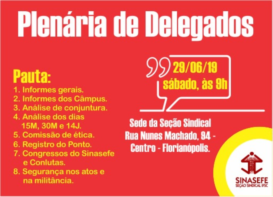 Seção convoca Plenária de Delegados para o dia 29/6