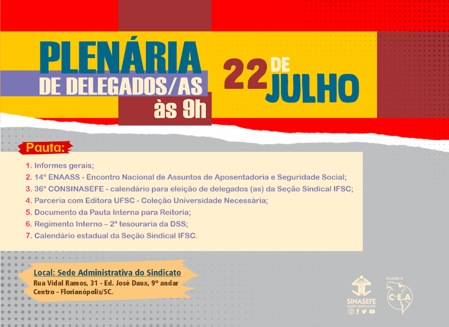 Plenária de Delegados será no dia 22 de julho
